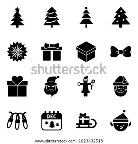 Solid vector icon set - christmas tree vector, firework, gift, bow, santa claus, garland, calendar, sleigh, elf