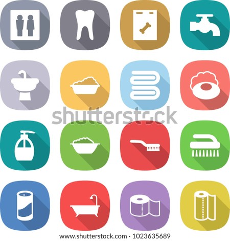 flat vector icon set - wc vector, tooth, roentgen, water tap, sink, washing, towel, soap, liquid, foam basin, brush, cleanser powder, bath, toilet paper