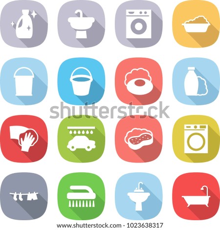flat vector icon set - cleanser vector, sink, washing machine, bucket, soap, shampoo, wiping, car wash, sponge with foam, drying clothes, brush, water tap, bath
