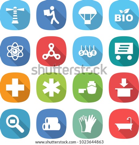 flat vector icon set - lighthouse vector, courier, parachute, bio, atom, spinner, sale, delivery, medical cross, ambulance star, port, package, cargo search, pipes, gloves, bath