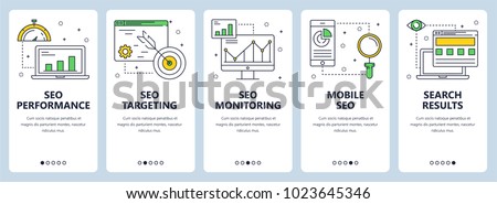 Vector set of vertical banners with SEO performance, SEO targeting, SEO monitoring, Mobile SEO and Search results website templates. Modern thin line flat style design. Royalty-Free Stock Photo #1023645346