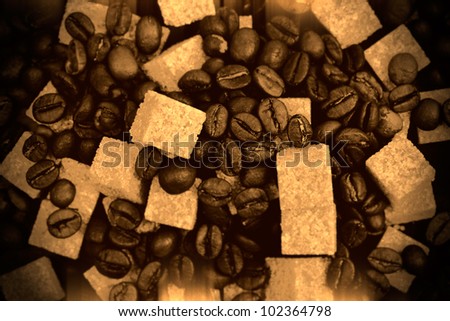 Very warm picture of coffee beans background, color corrected as old slightly damaged photo in beautiful sepia style.