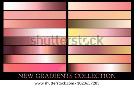 Rose gold gradient set background vector icon texture metallic illustration for frame, ribbon, banner, coin and label. Realistic abstract golden design seamless pattern. Elegant light shine template