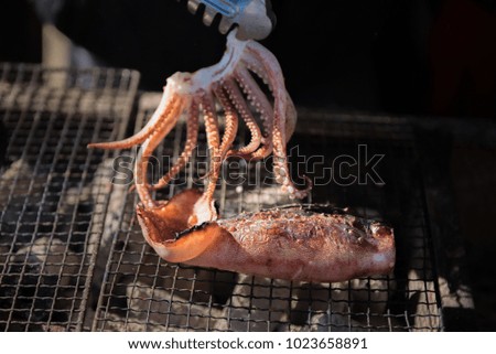 Fresh squid cooked on the grill, sea food.