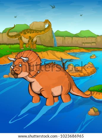 Triceratops on the river background 