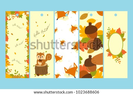 Autumn characters bookmark template set. Printable bookmark design cartoon vector.
