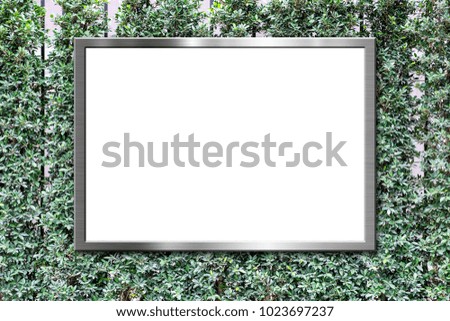 Blank billboard on green leaves wall texture background