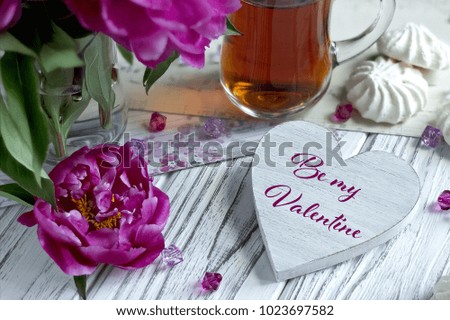 Valentines day greeting card with purple peonies tea glass marshmellow and lettering
