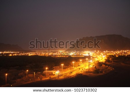 Night time shot of Oasis town Al-Ula or Dedan in the Northwestern side of Saudi Arabia 
