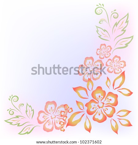 Abstract floral background with symbolical red - orange flowers and green leaves. Vector