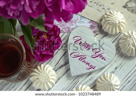 Valentines day greeting card with purple peonies tea glass marshmellow and lettering