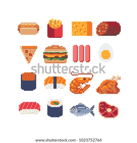 Tasty food pixel art icon fast food, pizza, hamburger, sushi and rolls, meat, fish, sausage, egg isolated vector illustration design for stickers, logo, mobile app. Game assets 8-bit sprite sheet. 