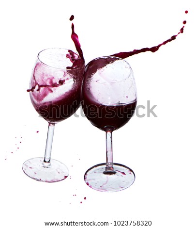 Idea design for catalog or magazine for wine bottles. Glass of red wine with splashes isolated on  white background in full depth of field with clipping path. (Design elements) 