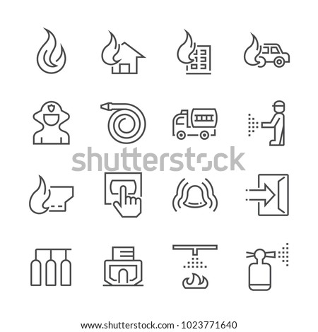 Fire fighting vector line icon. Consist of house, flame and firefighter or fireman. Include sprinkler, fire alarm system and rescue department tools i.e. fire extinguisher, hose pipe and hydrant.
