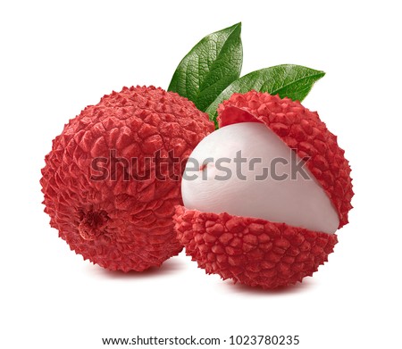 Lychee with leaves isolated on white background. Tropical fruit Royalty-Free Stock Photo #1023780235