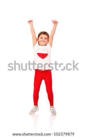 A picture of a Polish little girl in national colors smiling over white background