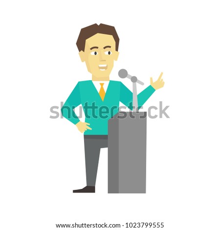 Polemicist speaker. Business man politician. President speech on tribune pulpit. Flat color vector illustration.