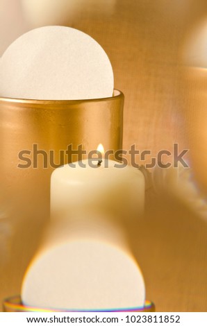 First Holy Communion composition on beige sackcloth background. Multi exposure.