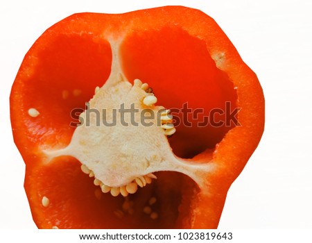 Red peppers isolated on white background. Top view.Paprika. Pepper red. Bell pepper isolated. Sweet red peppers. Bell pepper slices isolated,raw food ingredient concept .