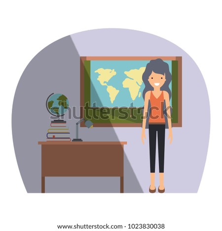female teacher in geography class with pile books