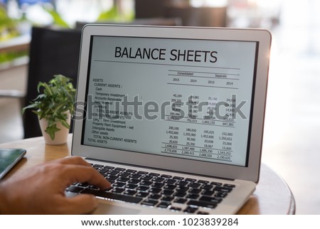 accounting software online.  balance sheet report on computer screen by e-learning computer training at home. Royalty-Free Stock Photo #1023839284