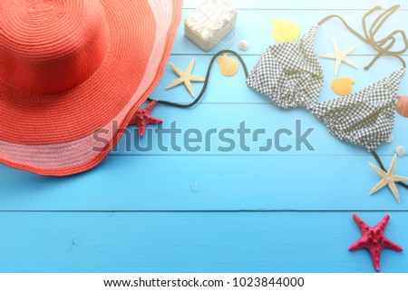 Summer time of the year, vacation, weekend, vacation, travel. Marine background (frame) of a swimsuit, cap, starfish and seashells on a blue wooden background.