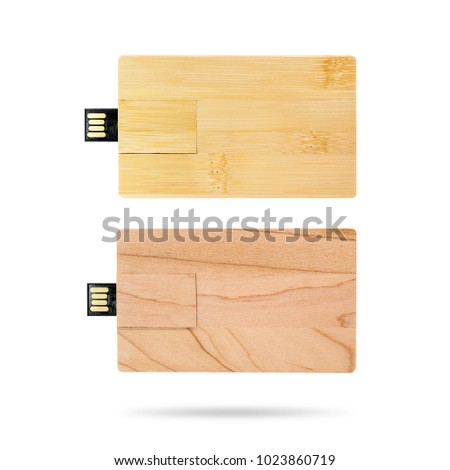 Wooden flash drive isolated on white background. USB stick made from wood material in card concept style. ( Clipping path )