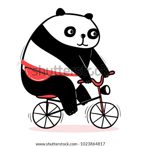 Cute cartoon panda rides a bicycle. Funny adorable fat bear with waist bag. Vector animal image for kids apparel, poster, postcard or sticker. Amusing illustration of asian mammal.