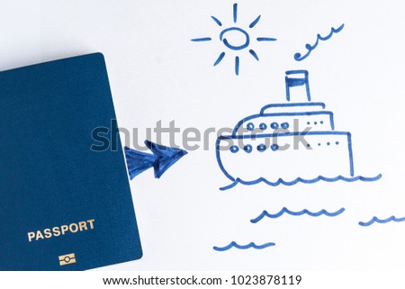 Blue clean passport and arrow to the plan in the picture 