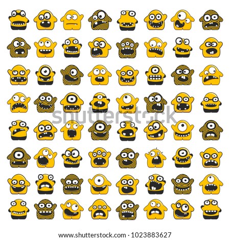 Set of yellow funny monsters isolated on white. cartoon illustration