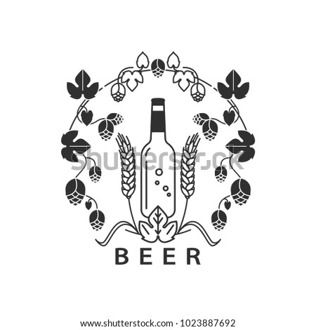 A bottle of beer in a frame of hops and wheat. Icon, sign, symbol in a line style for traditional beer. Brewery, pub, restaurant, craft. Vector illustration.