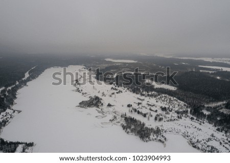 Aerial view of lake covered with snow. Forest. 