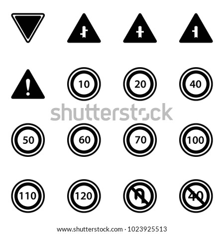 Solid vector icon set - giving way vector road sign, intersection, attention, speed limit 10, 20, 40, 50, 60, 70, 100, 110, 120, no turn back, end minimal