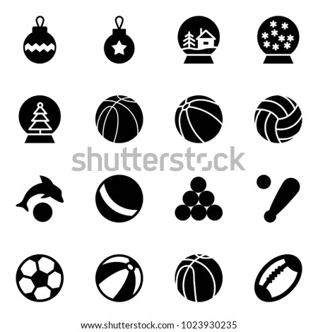 Solid vector icon set - christmas ball vector, snowball house, tree, basketball, volleyball, dolphin, billiards balls, baseball bat, soccer, beach, football