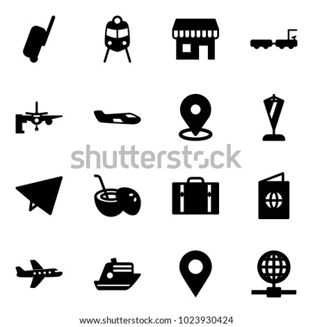 Solid vector icon set - suitcase vector, train, duty free, baggage truck, boarding passengers, small plane, map pin, pennant, paper fly, coconut cocktail, passport, cruiser, navigation, globe