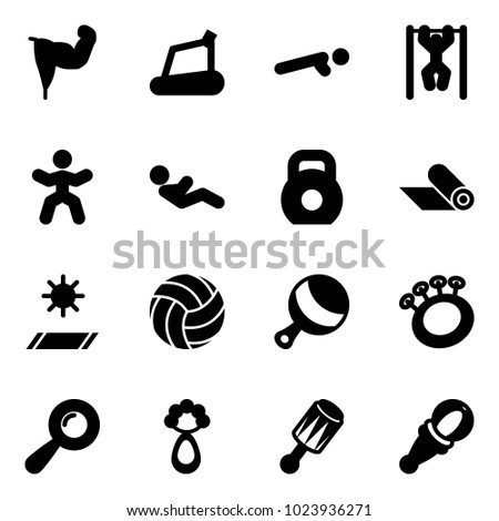 Solid vector icon set - power hand vector, treadmill, push ups, pull, gymnastics, abdominal muscles, weight, mat, volleyball, beanbag