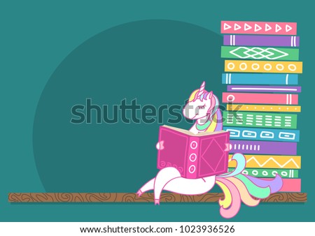 Unicorn reading book on bookshelf. Different color books with hand drawn ornament on shelf on teal background with place for your text. Stack of books. Vector illustration.
