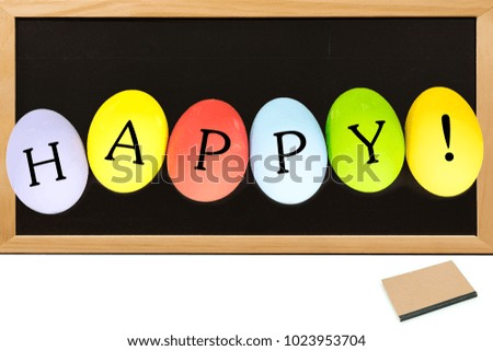 HAPPY on Eggs colorful on chalkboard with copy space.  Concept Easter holiday