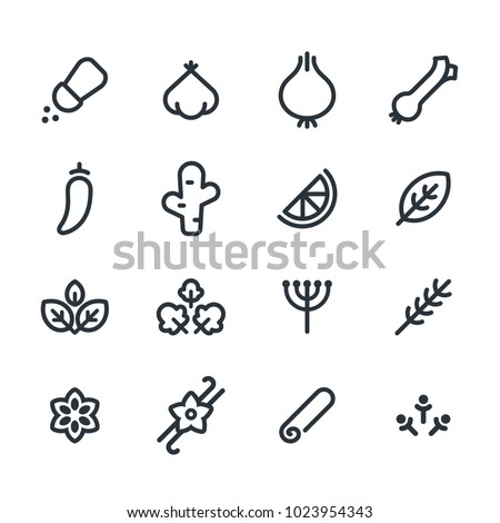 Spices and aromatics icon set. Simple and minimal line symbols of common herbs and seasonings. Vector illustration. Royalty-Free Stock Photo #1023954343