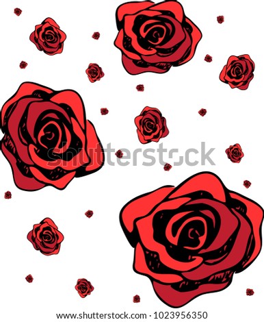 Red roses isolated set. Hand-drawn design of holiday card, banner, invitation, wrapping or creative decoration. For women, Valentine`s day, 8 March, Mothers Day, etc