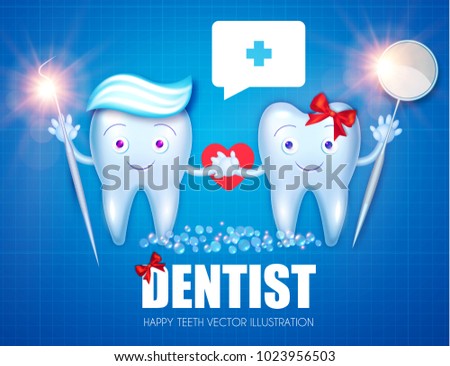 Helthy Teeth with Toothpaste, Bubbles, Bow, Instruments and Heart. Cartoon Character Boy and Girl. Stomatology Design Template. Dental Health Concept. Oral Care. Vector illustration
