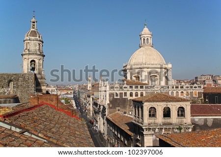 Cityscape of Catania (Sicily, Italy) with the Cathedral of Catania Royalty-Free Stock Photo #102397006