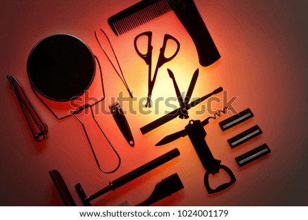 Silhouette tone. Top view. Decorative accessories, on red light background.