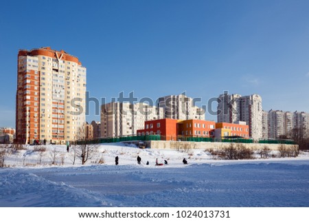 New residential homes with kindergarten on the bank of the river Pekhorka. City of Balashikha, Moscow region, Russia.