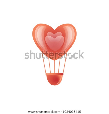 Vector stylized red hot air balloon with basket in heart shape icon. Happy valentines day romantic invitation card template with love symbol. Isolated holiday illustration on white background.