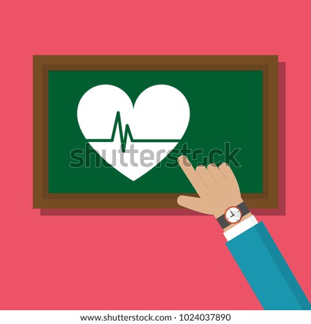 Businessman hand, finger point to Heartbeat. Heart rate icon on blackboard. Vector illustration