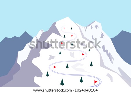 Snow covered mountain with ski track. Skiing trace marked with red flags. Vector illustration. Royalty-Free Stock Photo #1024040104
