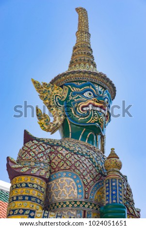 The Demon (or Giant) Guardian in Wat Phra Kaew, or The Temple of Emeral Buddha, Bangkok, Thailand.