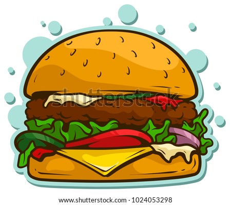 Cartoon tasty big hamburger with cheese and sesame seeds isolated on white background. Vector sticker icon. Royalty-Free Stock Photo #1024053298