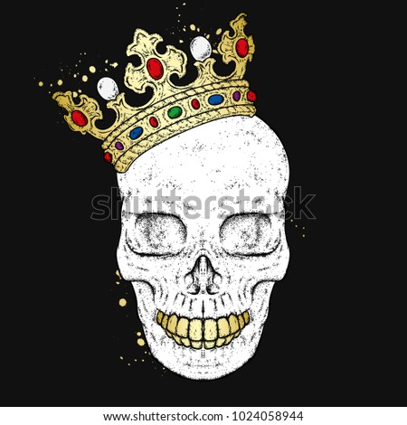 Stylish skull in the golden crown. Fashion & Style. Vector illustration for a postcard or a poster, print for clothes.